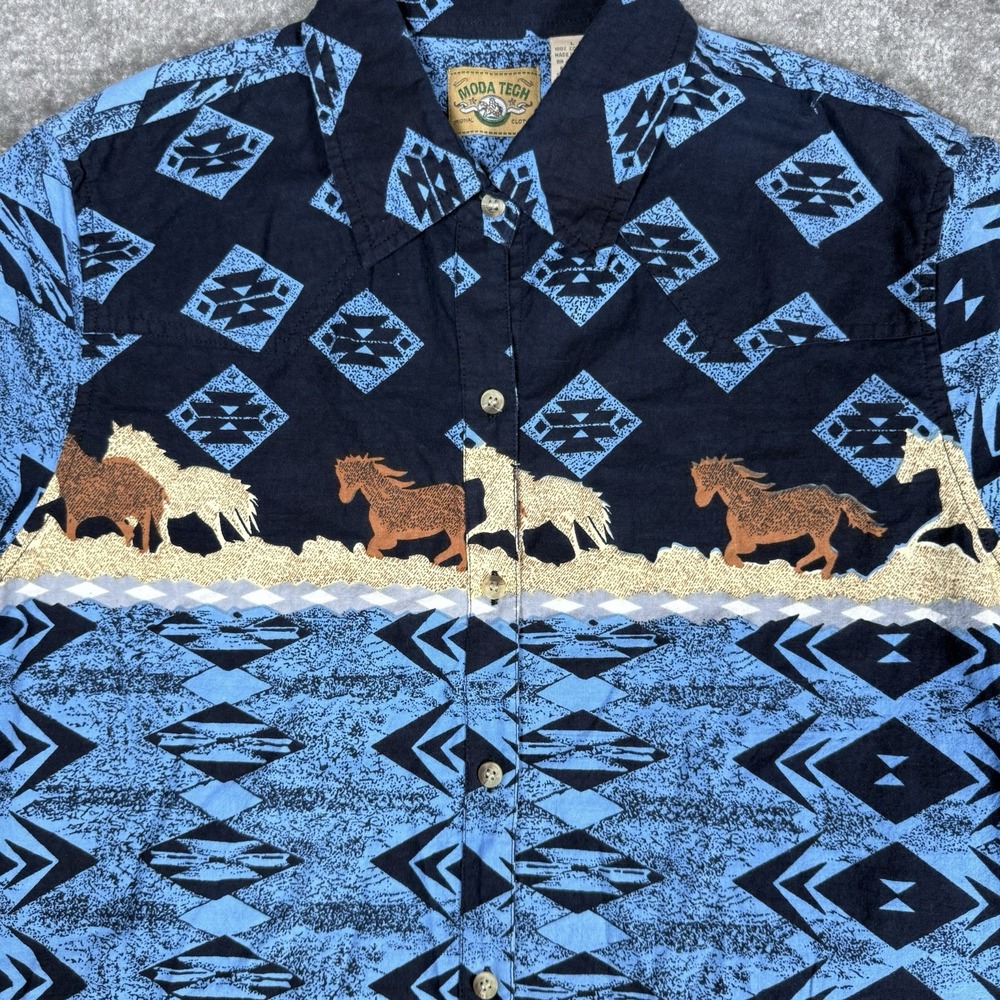 Moda Tech Shirt Men's Large‎ Blue Western Horse Button Up Short Sleeve Aztec